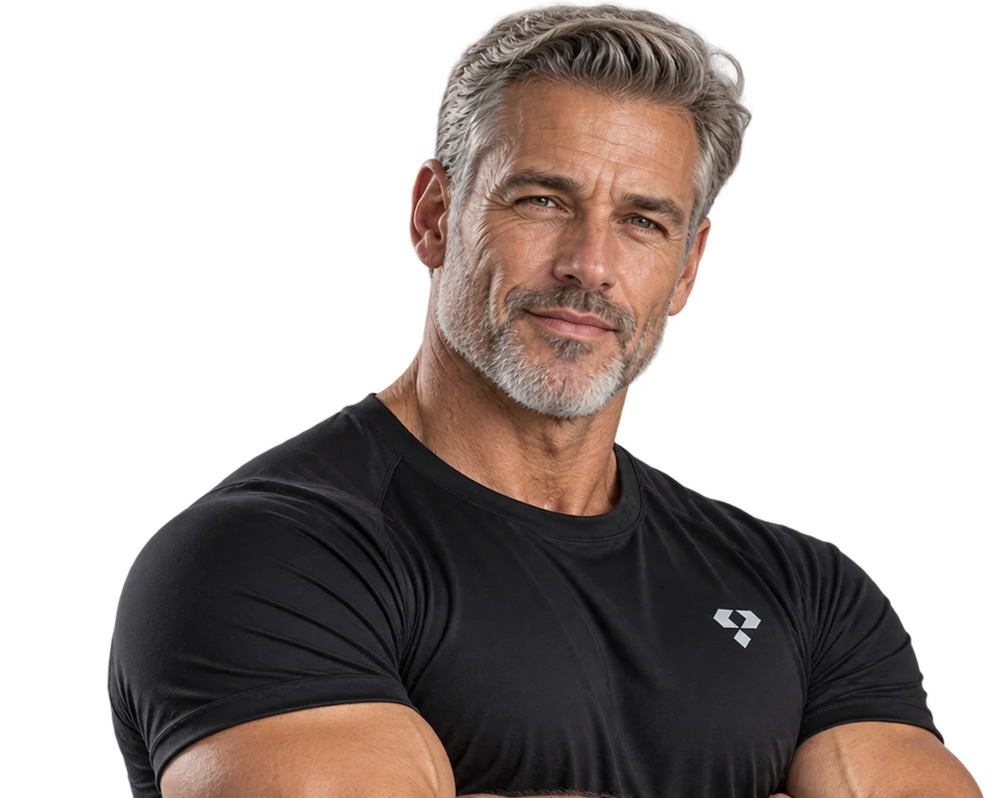 A man in a black athletic shirt looking toward the camera